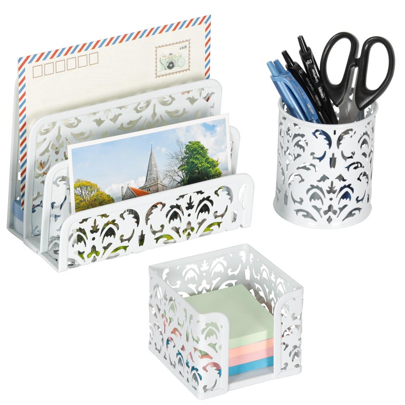 EasyPAG Desk Organizers and Accessories 3 Pieces Office Organizer Set - Pen Holder for Desk, Mail Sorter Countertop and Sticky Note Holder, White - Image 1